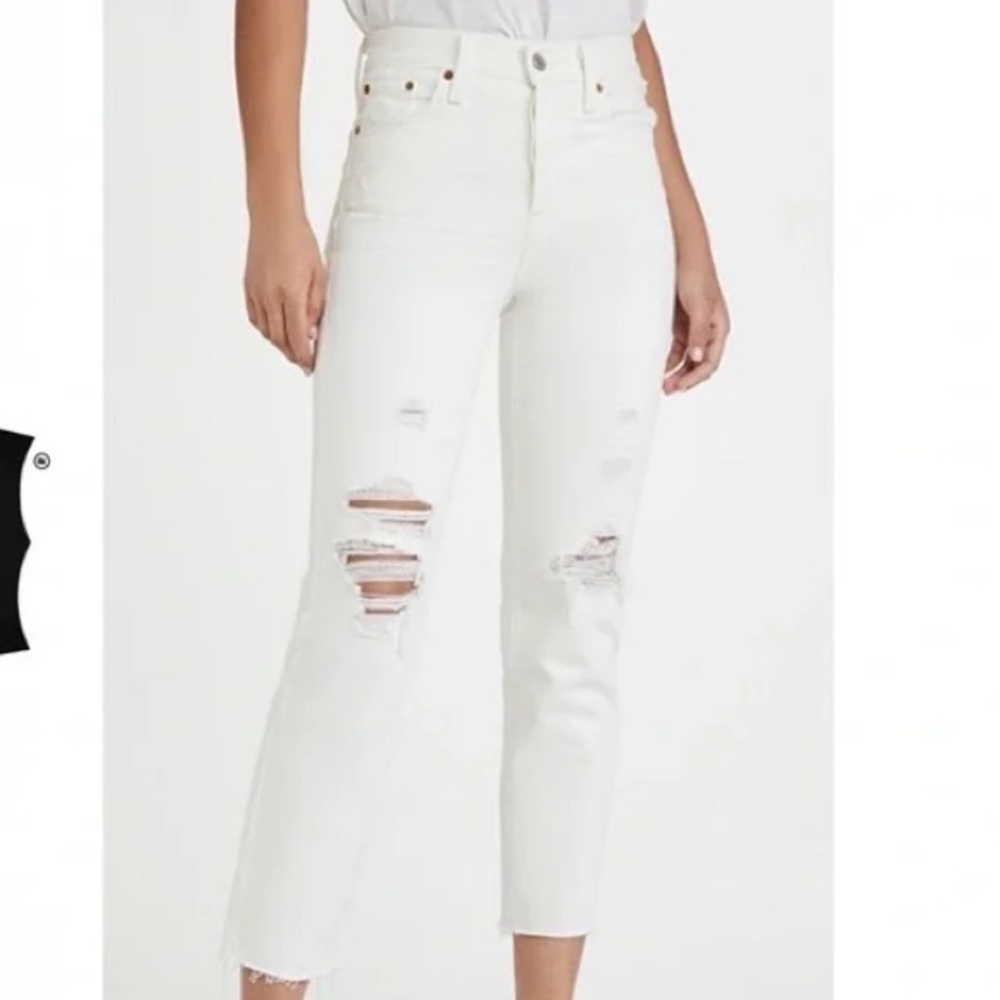 NWT Levi's 501’s White Distressed High‎ Rise Raw Hem Straight Leg Denim Jeans